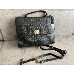 BRAHMIN Croc Embossed Leather Satchel tote bag purse Black TurnLock W/ Crossbody
